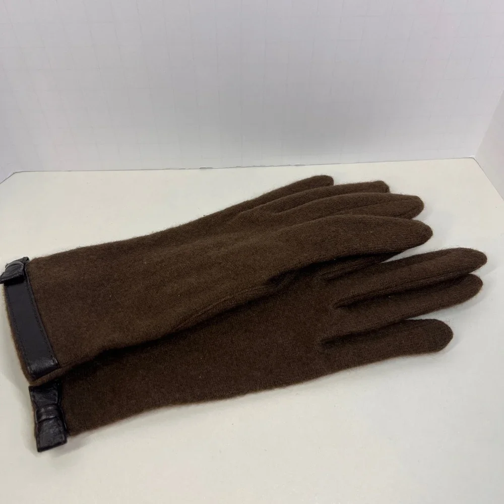 Vintage Brown Lambswool Gloves Womens Bow Accent Cottagecore Winter Retro